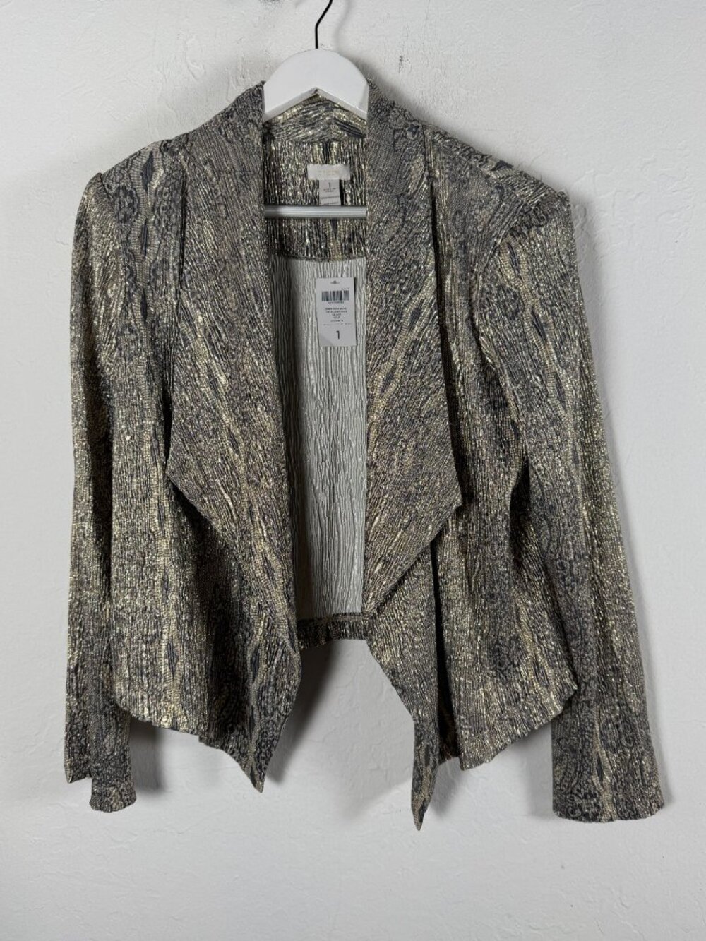 Chico's Women Metallic Crinkle Drape Front Jacket Gold Damask Shimmer Size 1 New